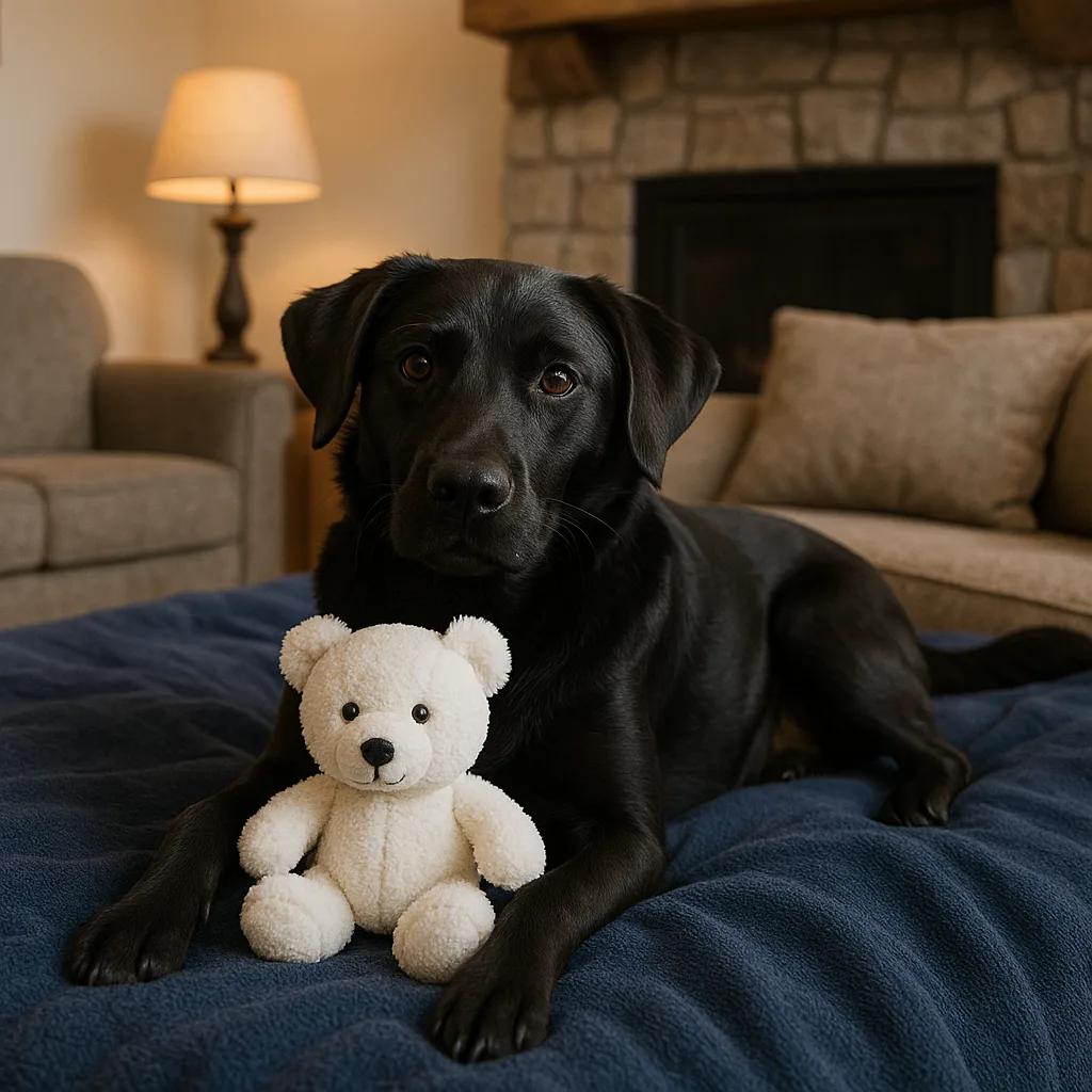 Black Dog Lying on a Blue Blanket