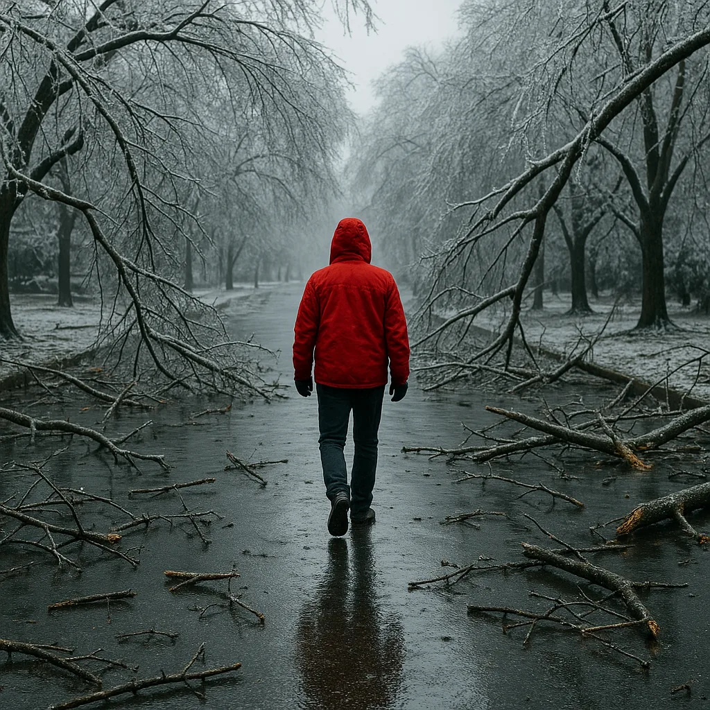 Person in a Red Jacket Walks on a Wet Street