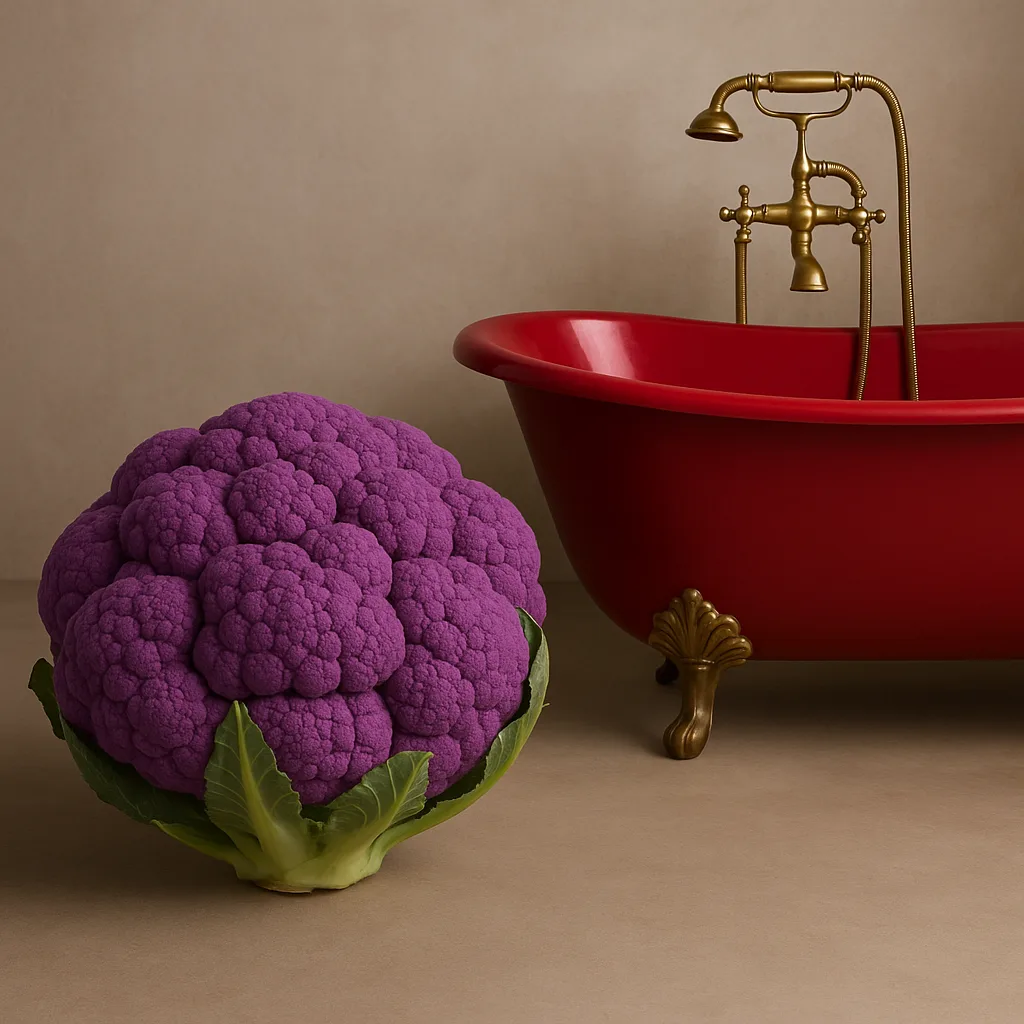 Crimson-colored Bathtub Alongside a Purple-hued Cauliflower