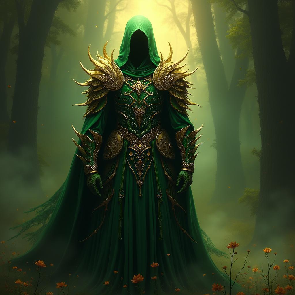 Green and Gold Warrior in Dreamlike Darkness