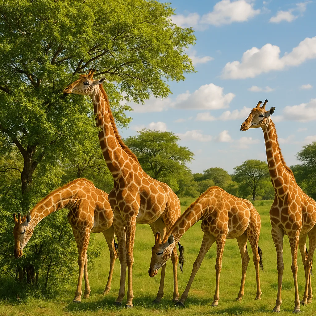 Tranquil Group of Giraffes Feeds Serenely on Abundant Tree Leaves