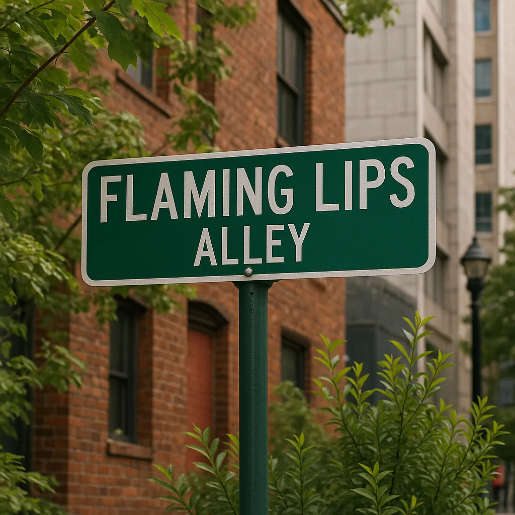 Street Sign Reading "Flaming Lips Alley" Is Surrounded by Greenery