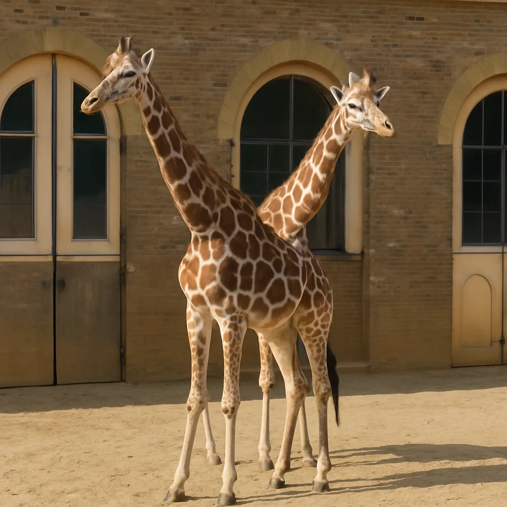 Two Giraffes Standing in a Sandy Enclosure in Front