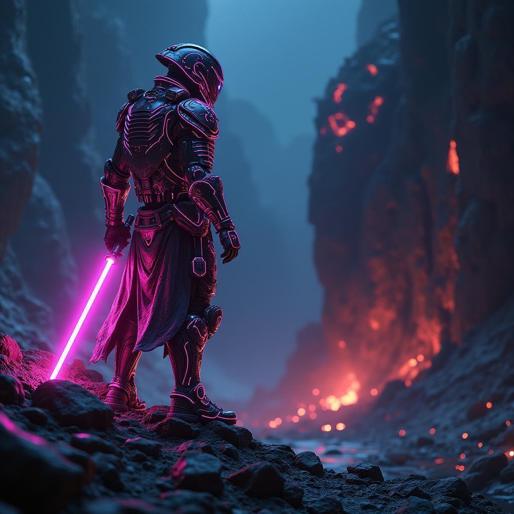 Neon Armored 3D Warrior Facing the Void