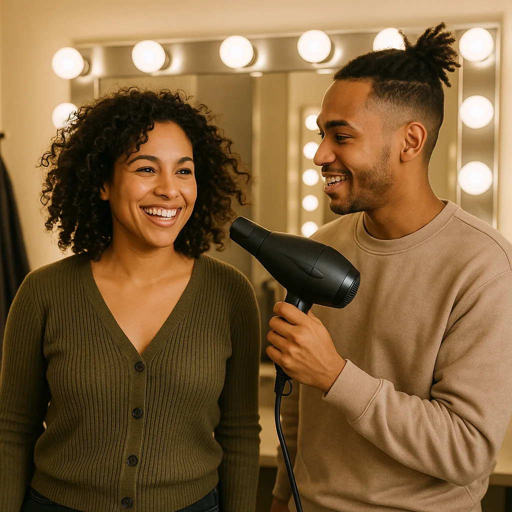 Two People in a Dressing Room with Bright Vanity Lights