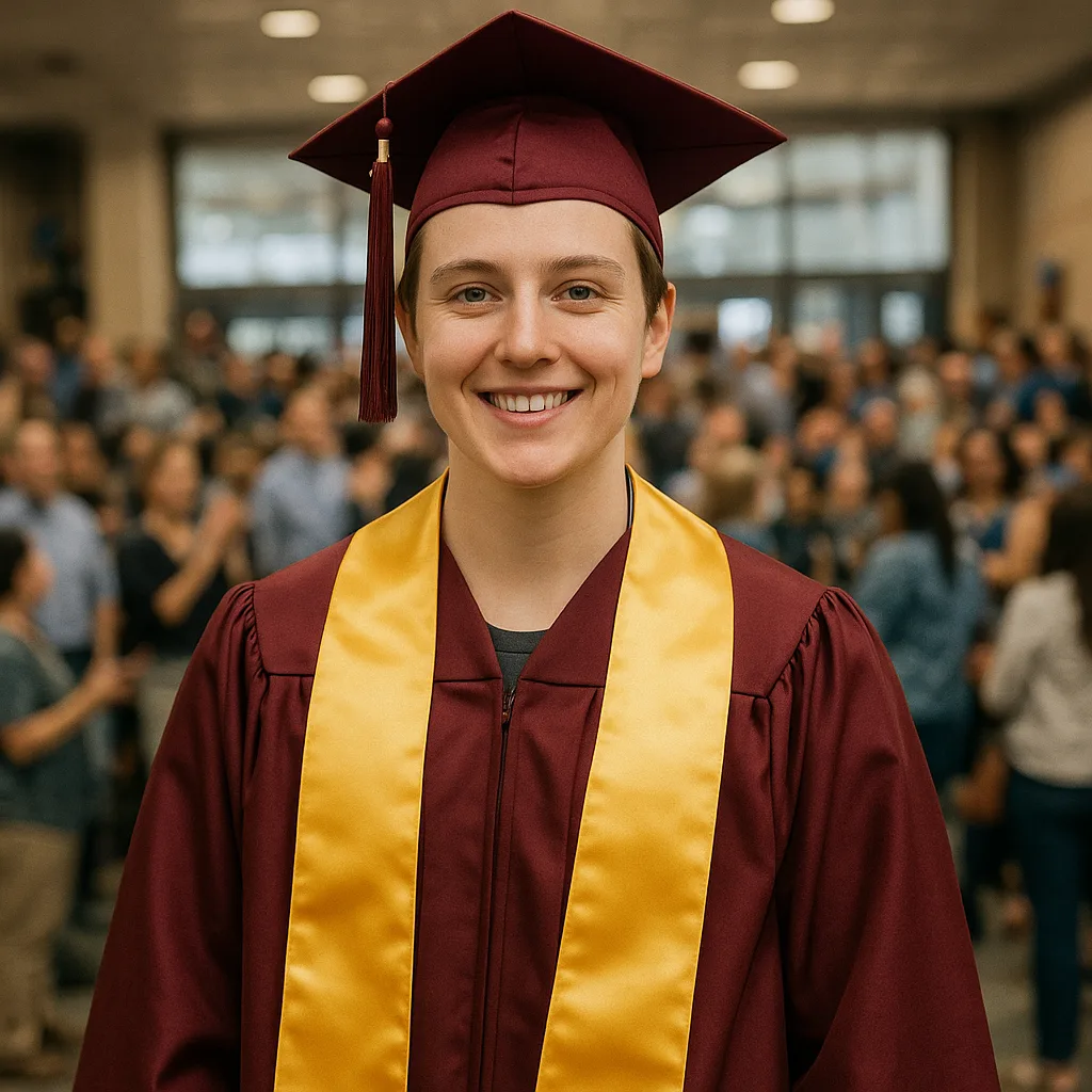 Person Wearing a Maroon Graduation Cap and Gown