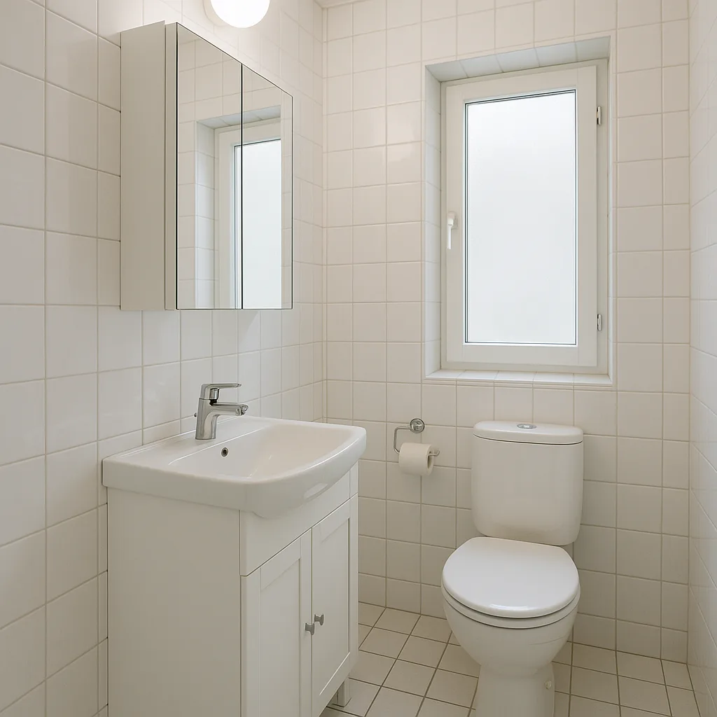 Small White-tiled Bathroom Featuring a Sink with Cabinet
