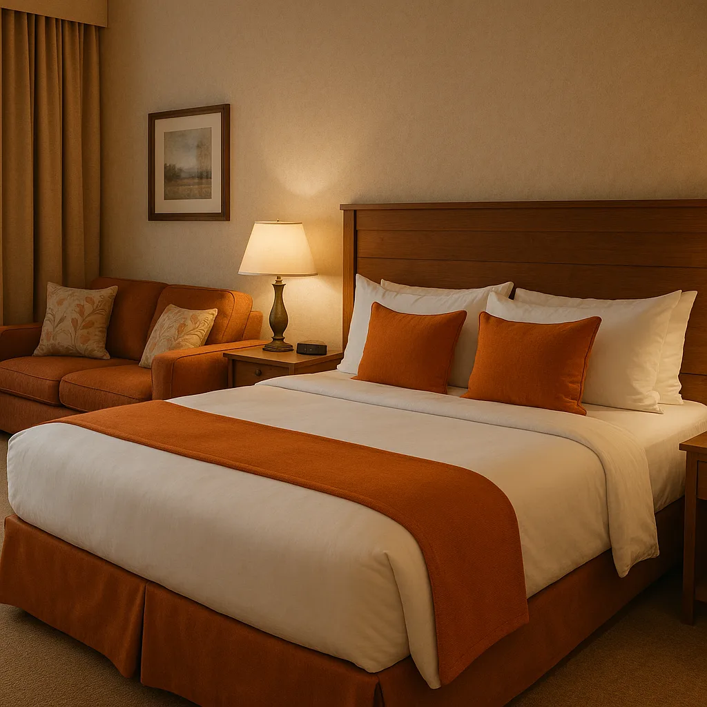 Cozy Hotel Room Featuring a Large Bed with Orange Accents