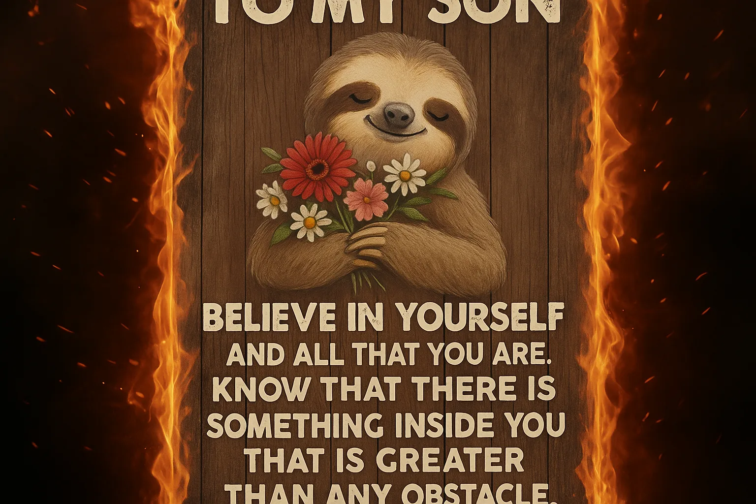 Motivational Poster Featuring a Sloth Holding Flowers on a Wooden