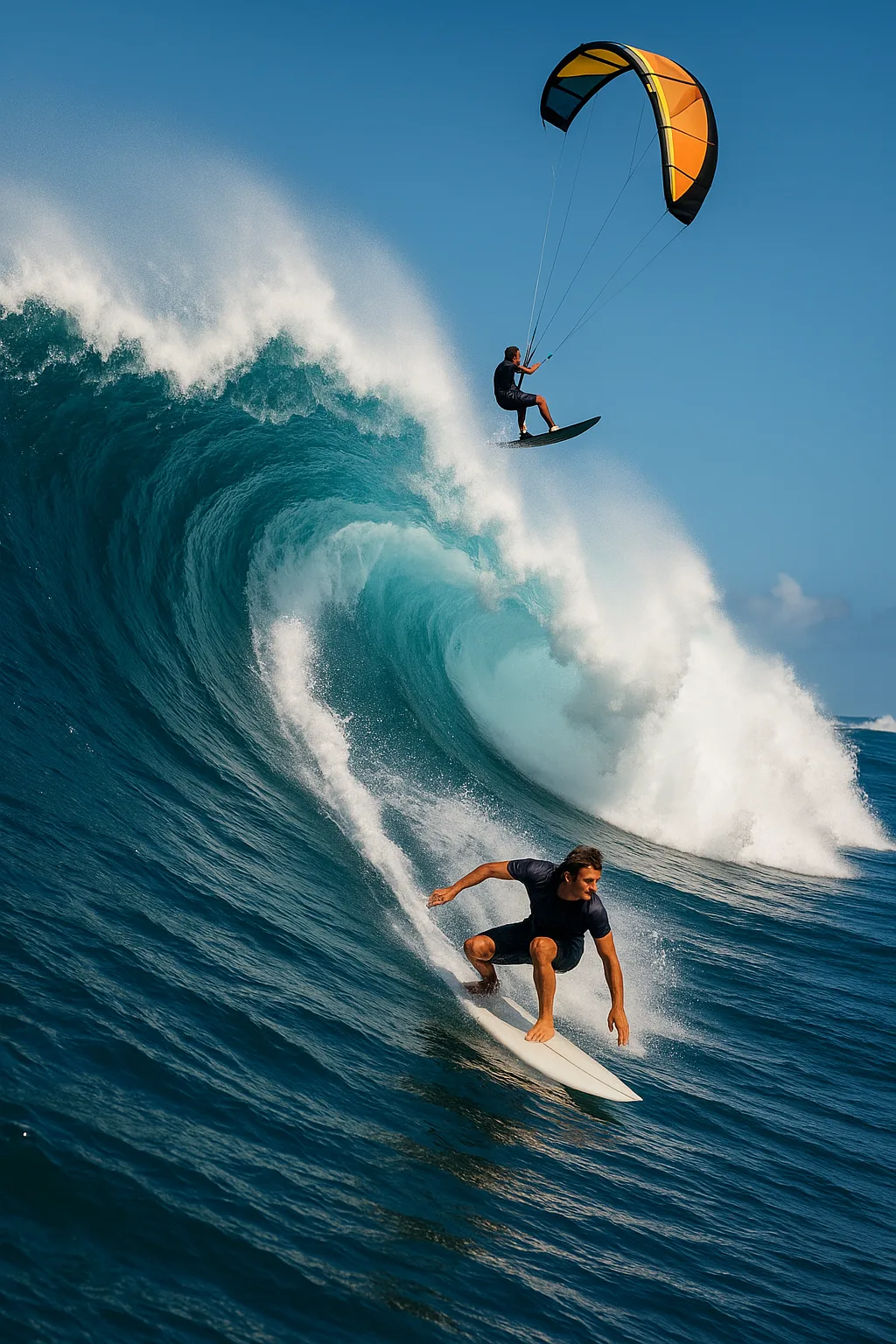 Surfer Rides a Massive Ocean Wave While a Kiteboarder Glides