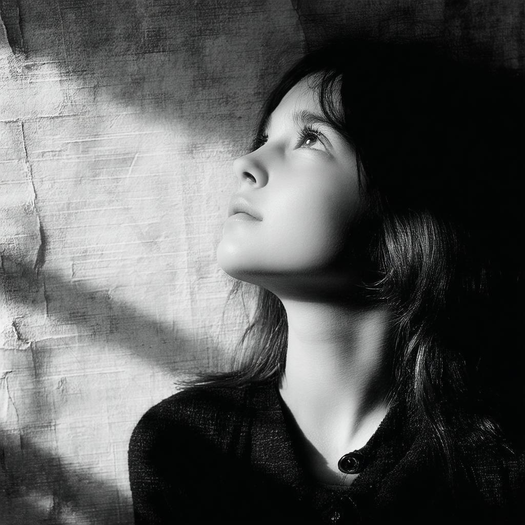 Melancholy Girl Looking Up in Grainy Monochrome