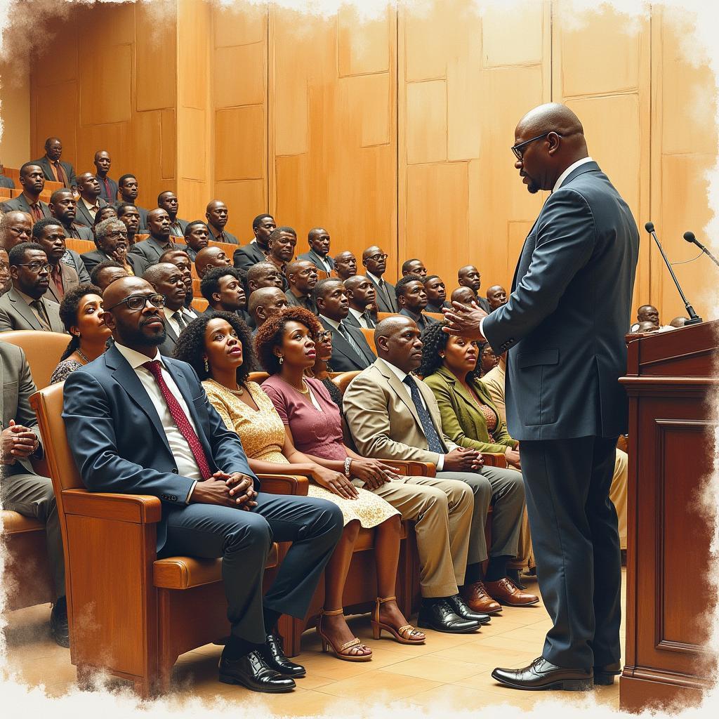 Ghana's President Addressing a Lecture Hall in Ink