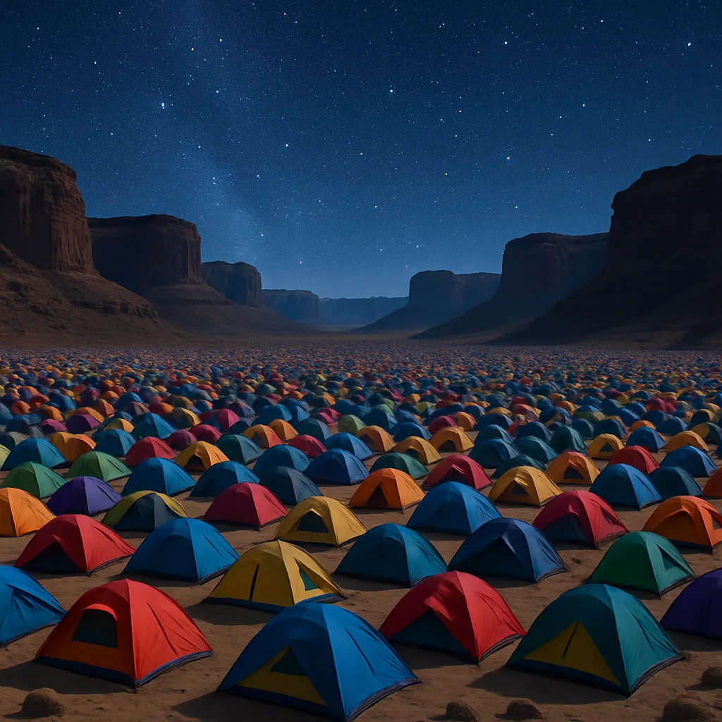 Sprawling Encampment of Countless Colorful Tents Blankets a Wide Desert