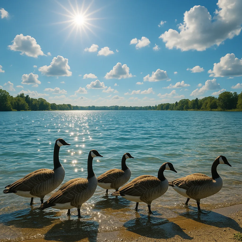 Geese Gathered at the Shoreline of a Shimmering Lake