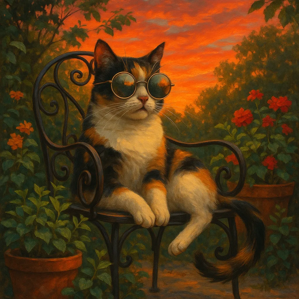 Meticulous Calico Cat Reclines on a Wrought-iron Chair