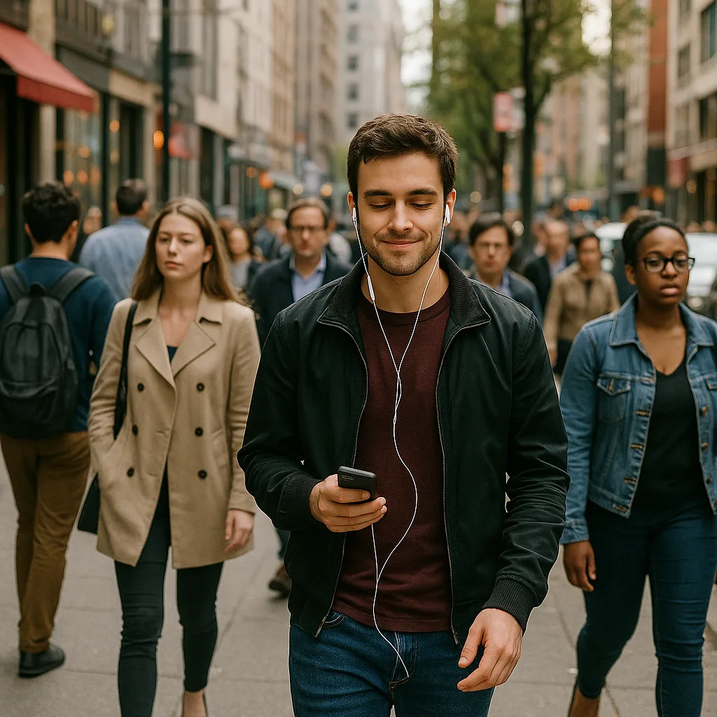 Lively Urban Sidewalk Filled with Pedestrians