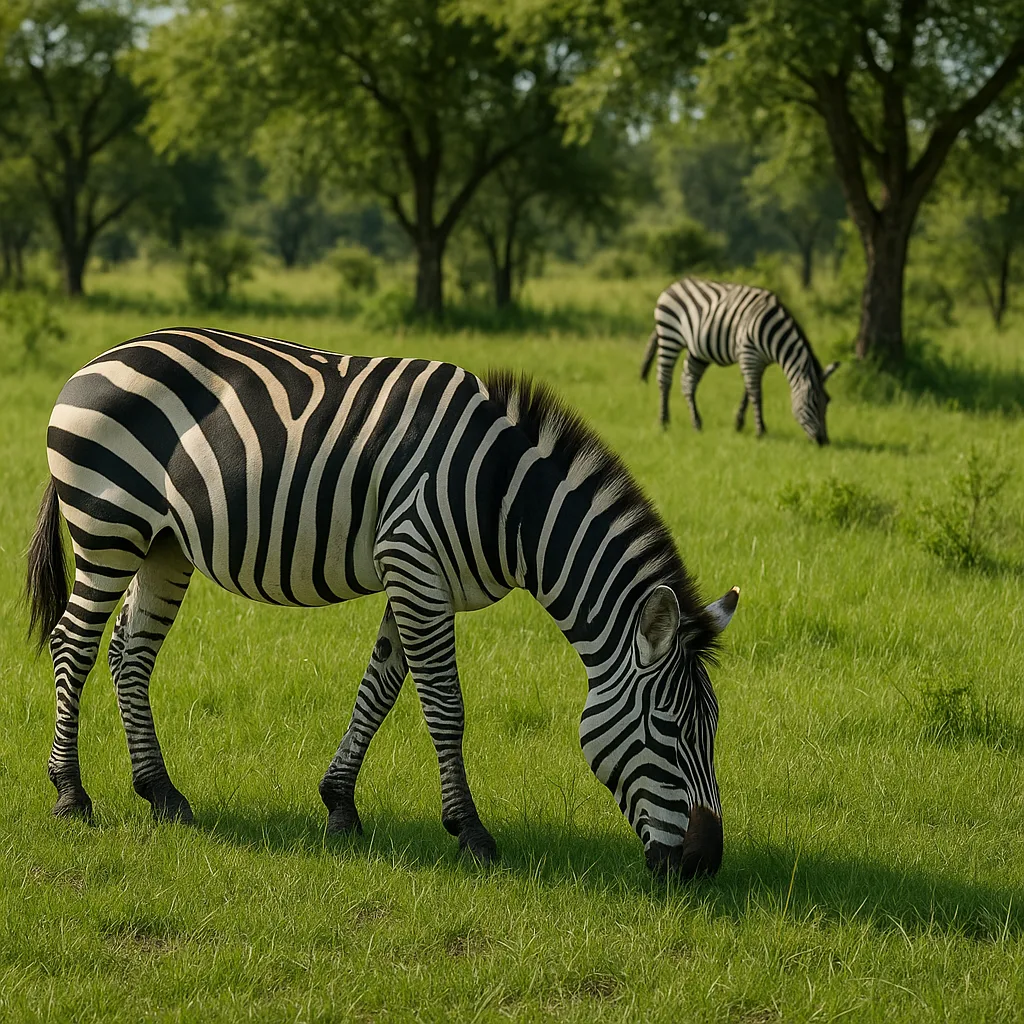 Zebra Grazing in a Grassy Field