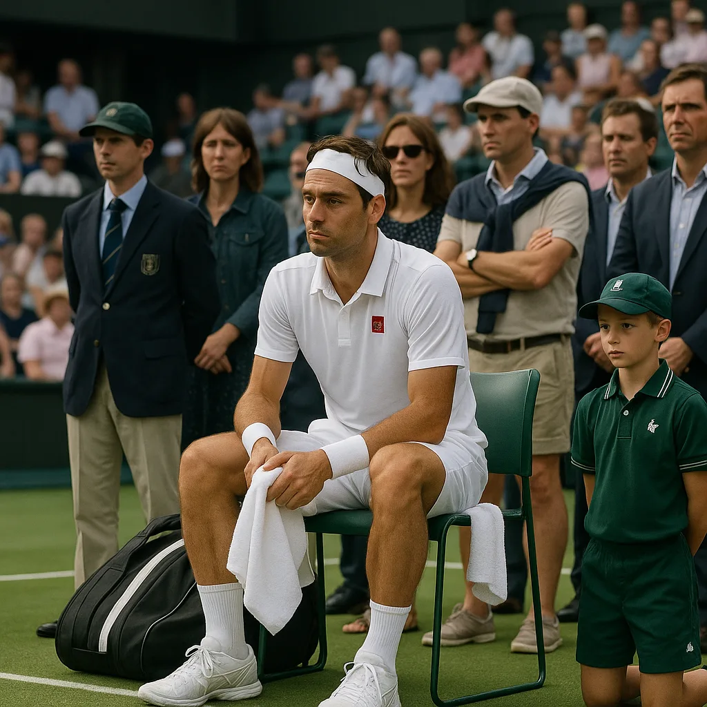 Tennis Player in White Attire Sits on a Chair Courtside