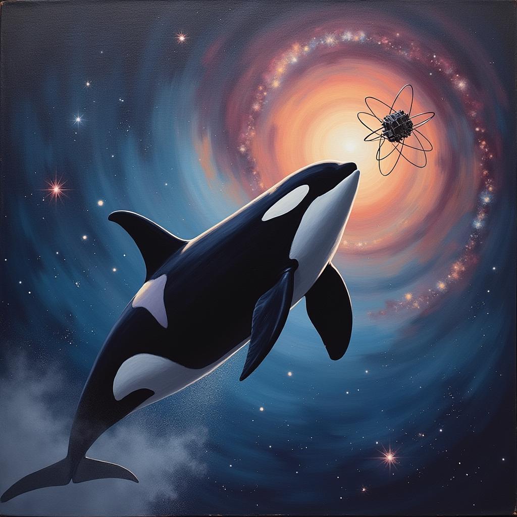 Orca Leaping Toward Sputnik Through Swirling Nebulae