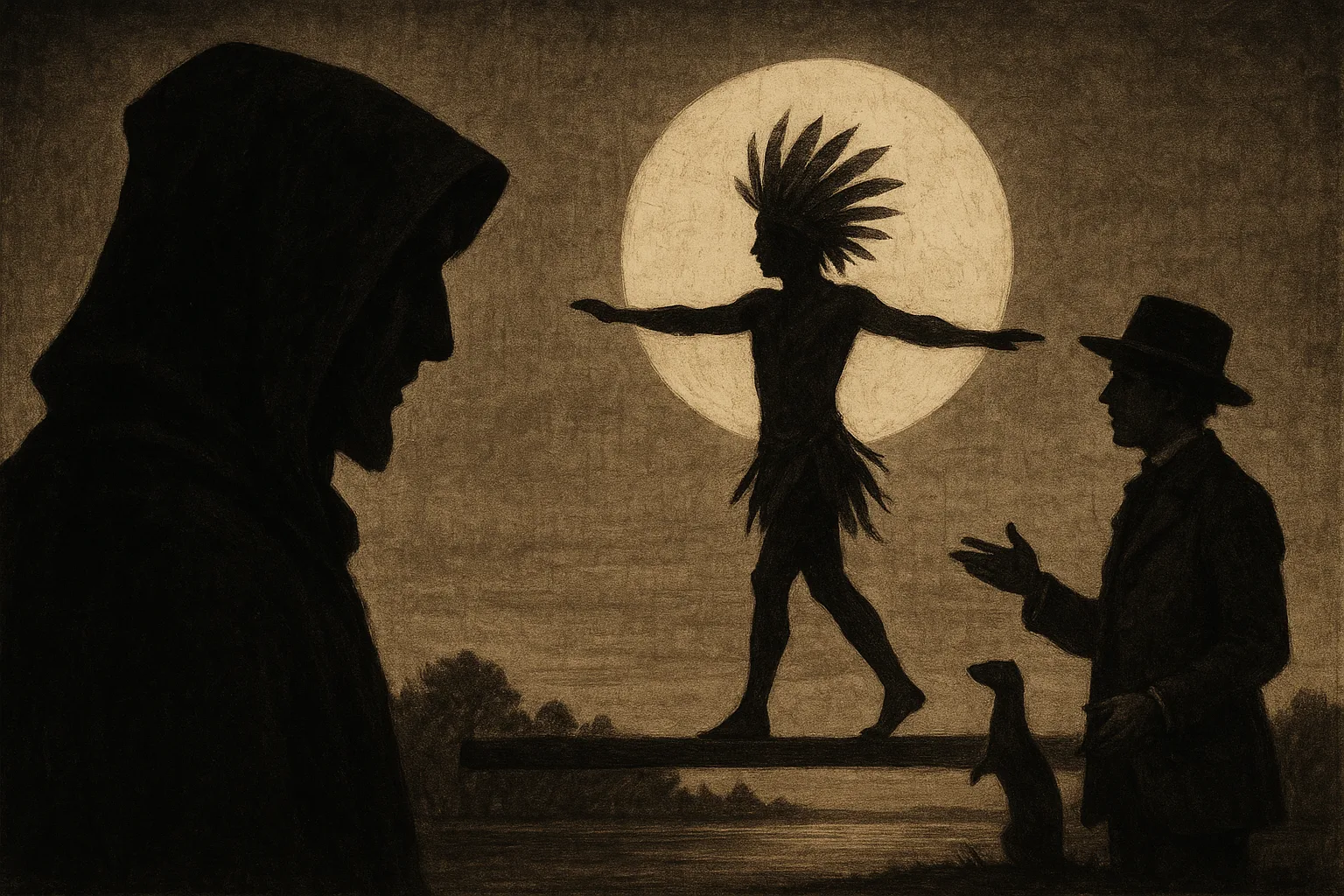 Hooded Ruler's Silhouetted Profile Turns to Watch a Tribal-feathered Figure