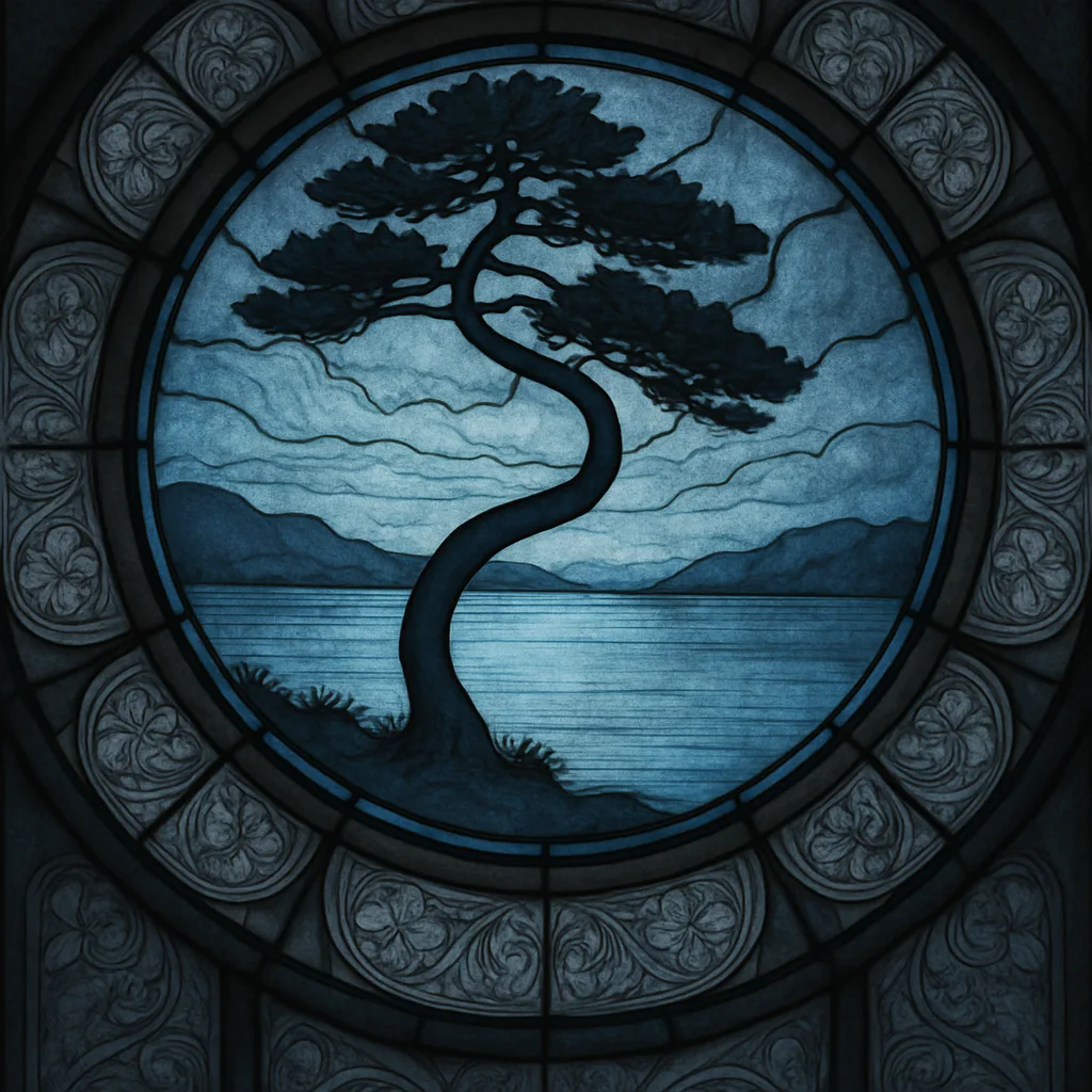 S-curved Solitary Lakeside Pine Forms a Cool-lit Stained Glass Rose