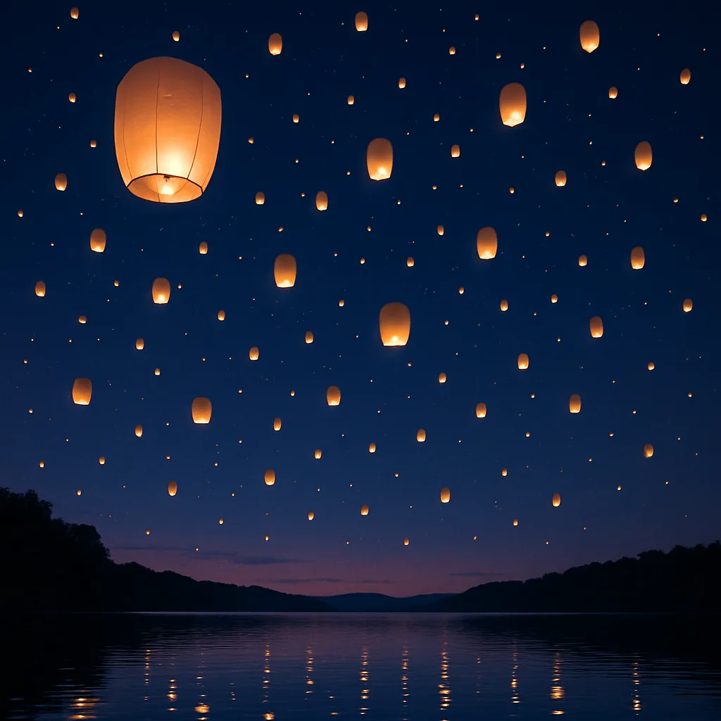 Many Softly Glowing Paper Lanterns Drift Skyward over a Vast