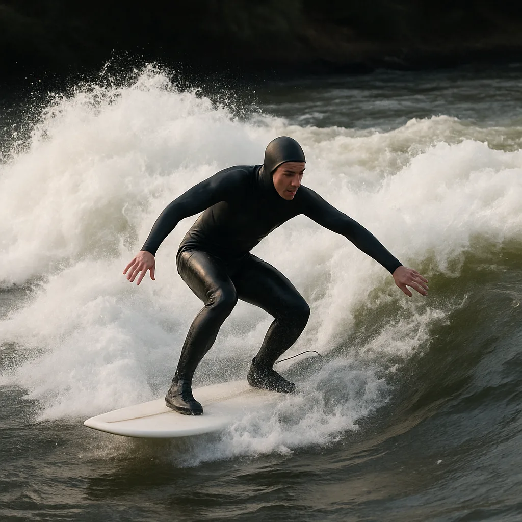 Surfer Wearing a Wetsuit Rides a Wave on a River