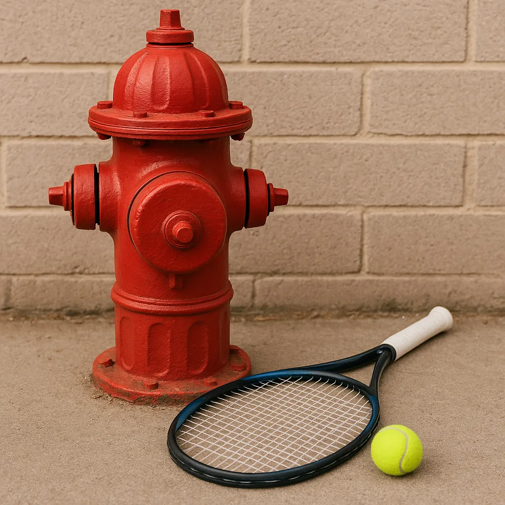 Red Fire Hydrant Beside a Tennis Ball
