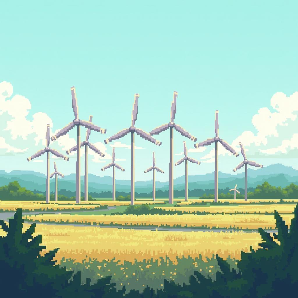 Ten Modern Windmills in a Blocky Pixel Field