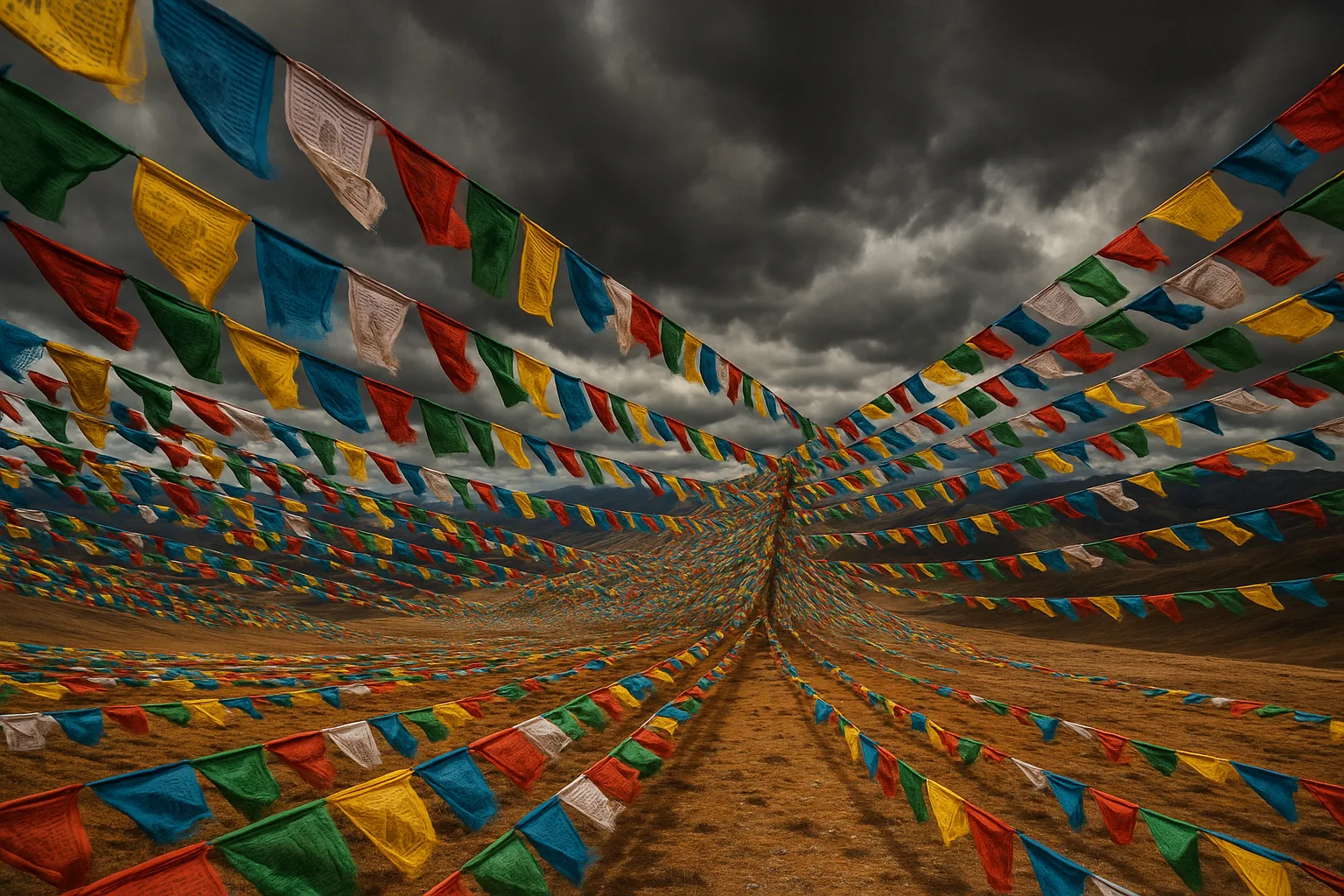 Thousands of Colorful Prayer Flags Flutter Vigorously on Long Strings