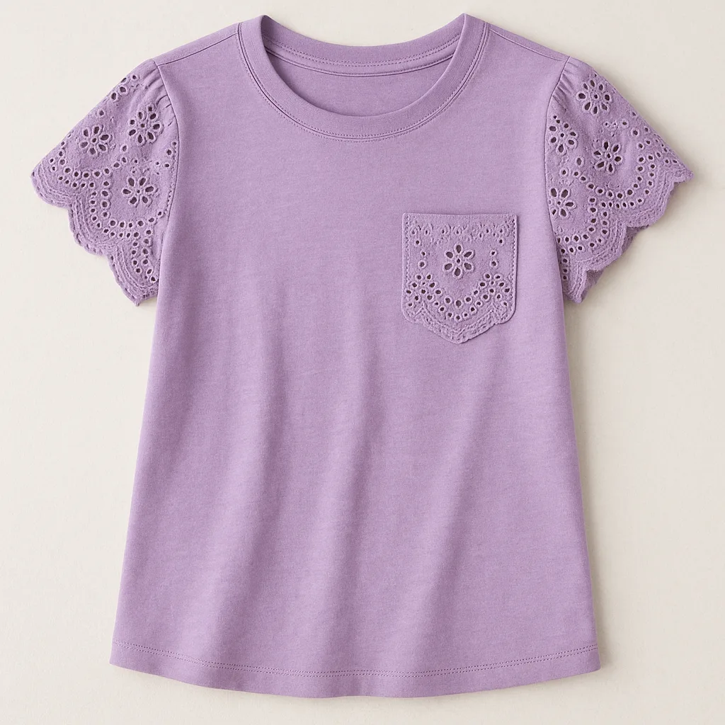 Lavender Short-sleeve Shirt with Eyelet Lace Detailing on the Sleeves