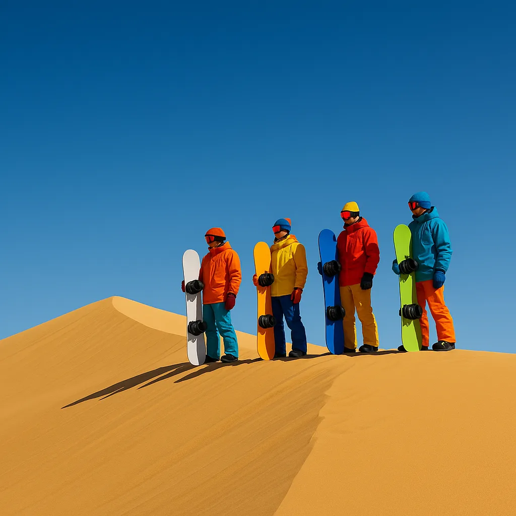 Team of Explorers Clad in Vividly Colored Snowboard Attire Stands