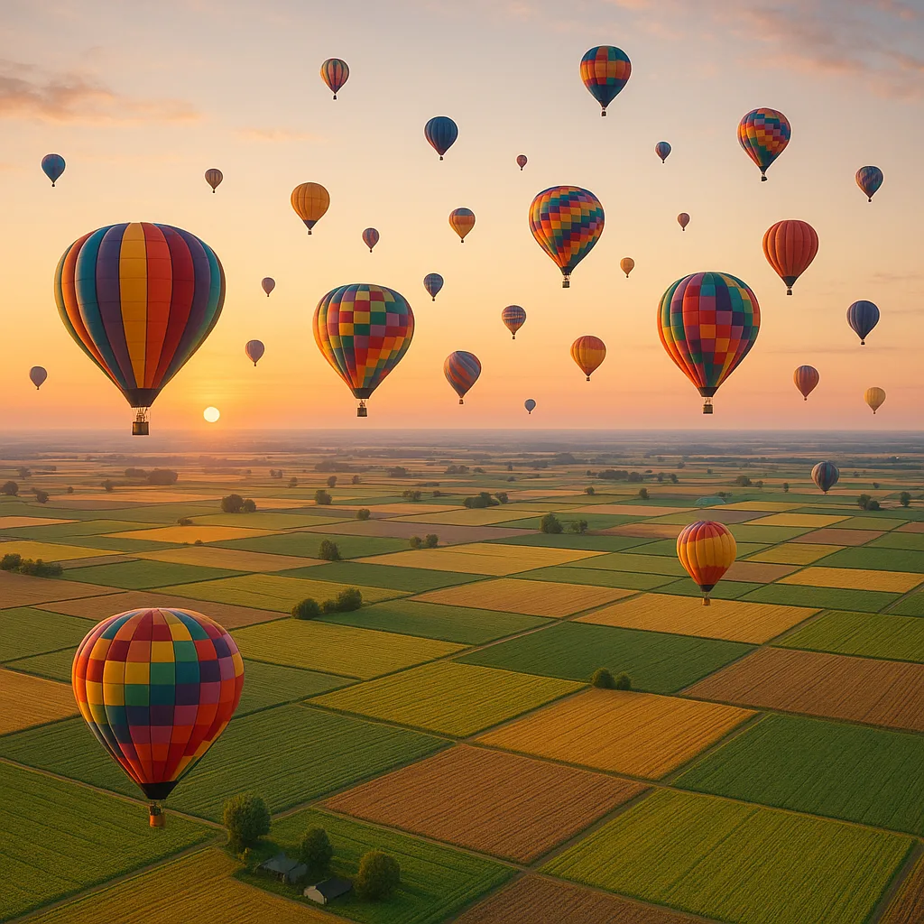 Dozens of Colorful Hot Air Balloons Drift Serenely