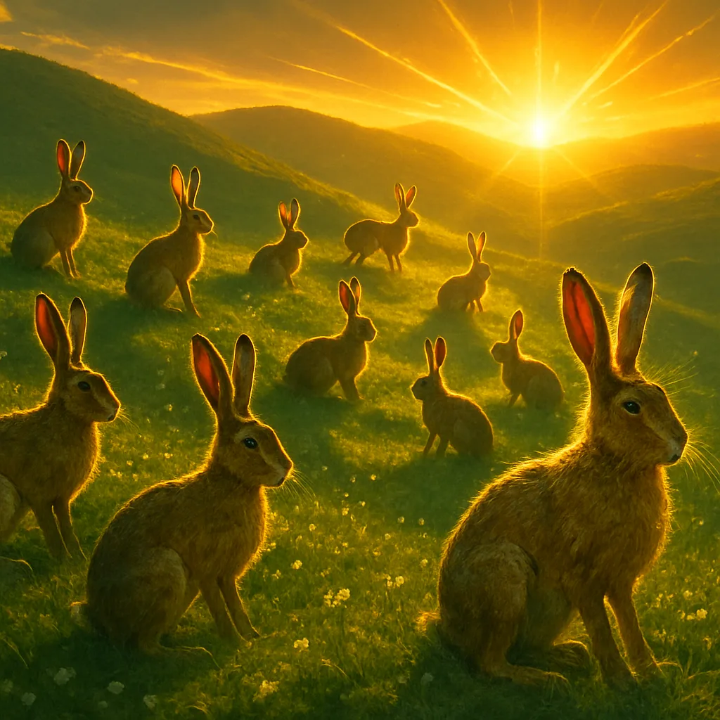 Twelve Textured Hares on Blooming Green Foothills Are Dramatically Backlit
