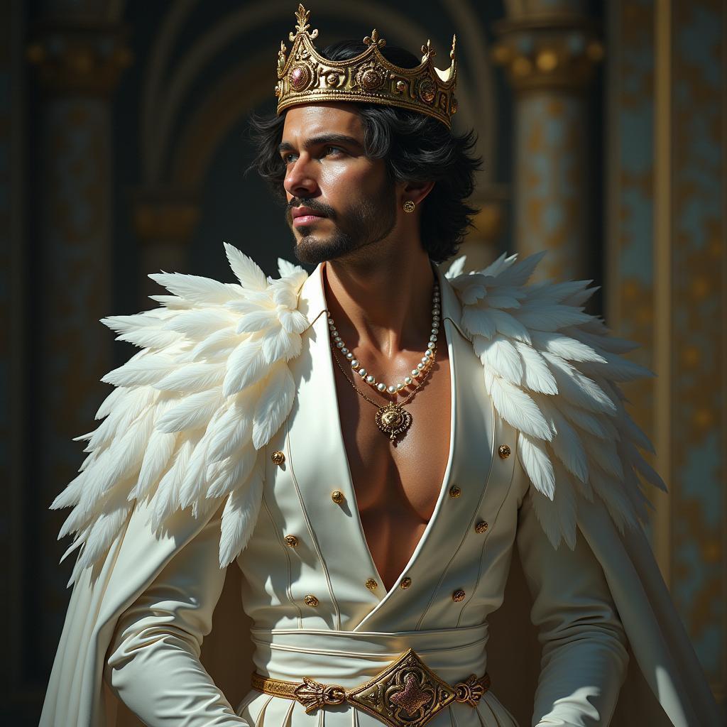 Transmasculine King Adorned With Pearls and Swan Plumes