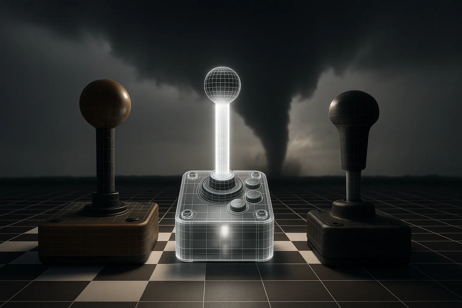 Trio of Joysticks Stands Against the Distant