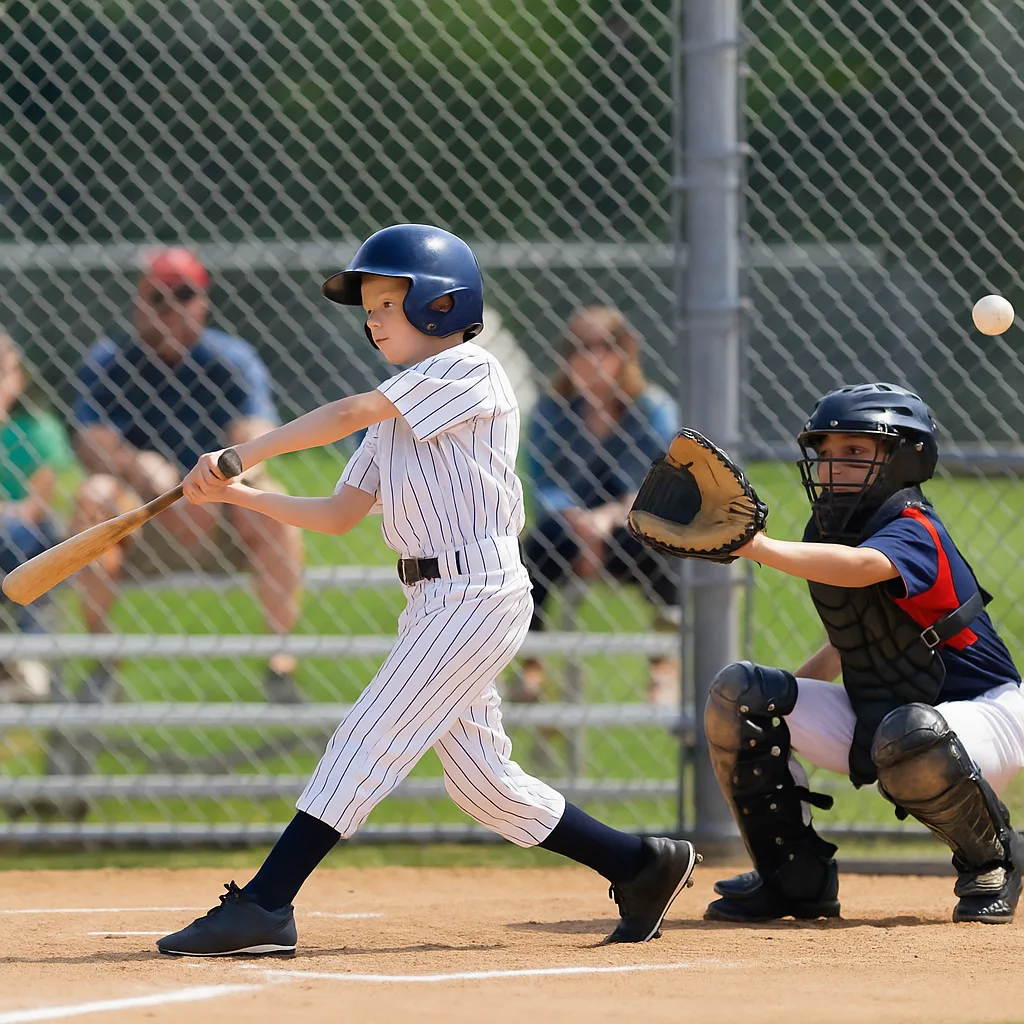 Youth Baseball Game Featuring a Batter in a Striped Uniform