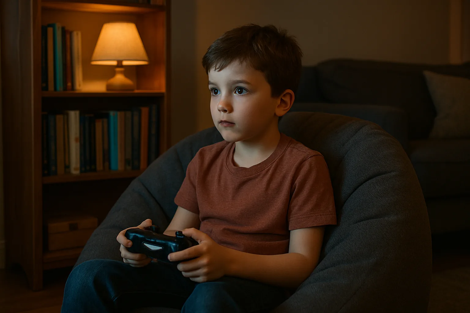 Young Boy Is Nestled in a Beanbag Chair