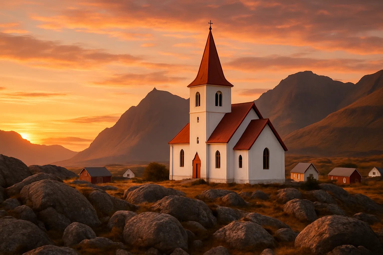 White Church with Steep Red Roofs Sits Amidst Rocky Terrain