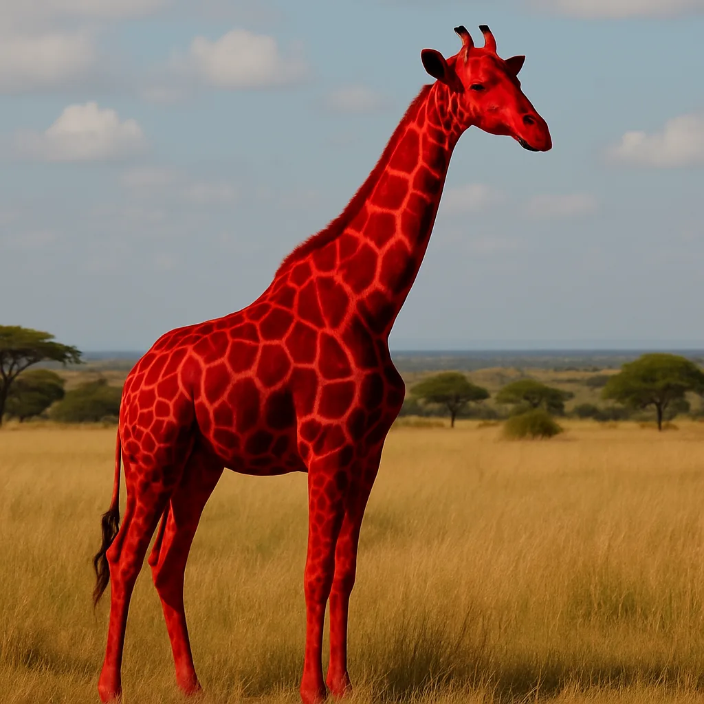 Red Giraffe Positioned in a Field of Grass