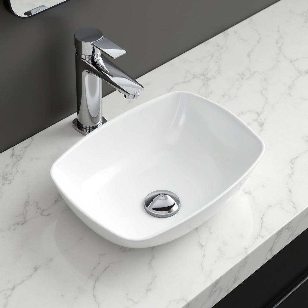 White Ceramic Sink With Steel Faucet on Marble