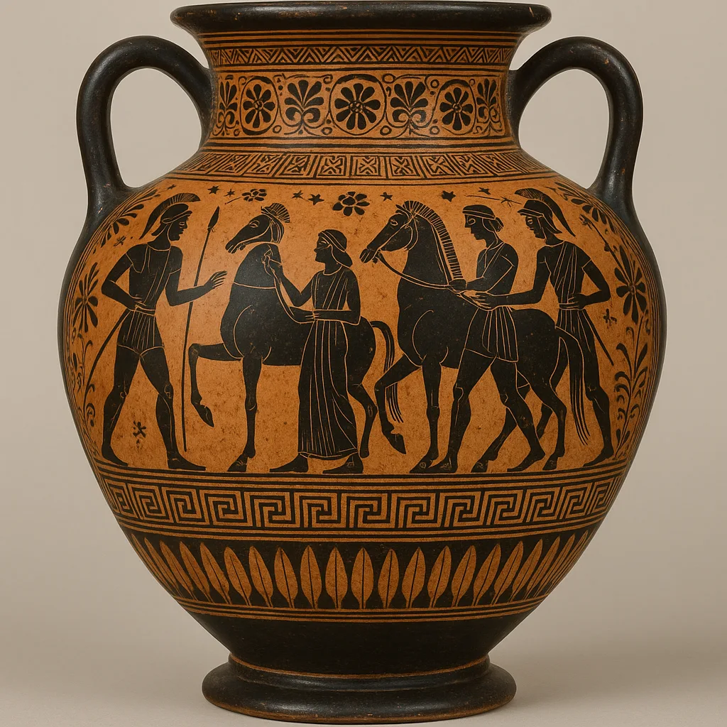 Ancient Greek Ceramic Vase with Black-figure Depictions of Humans