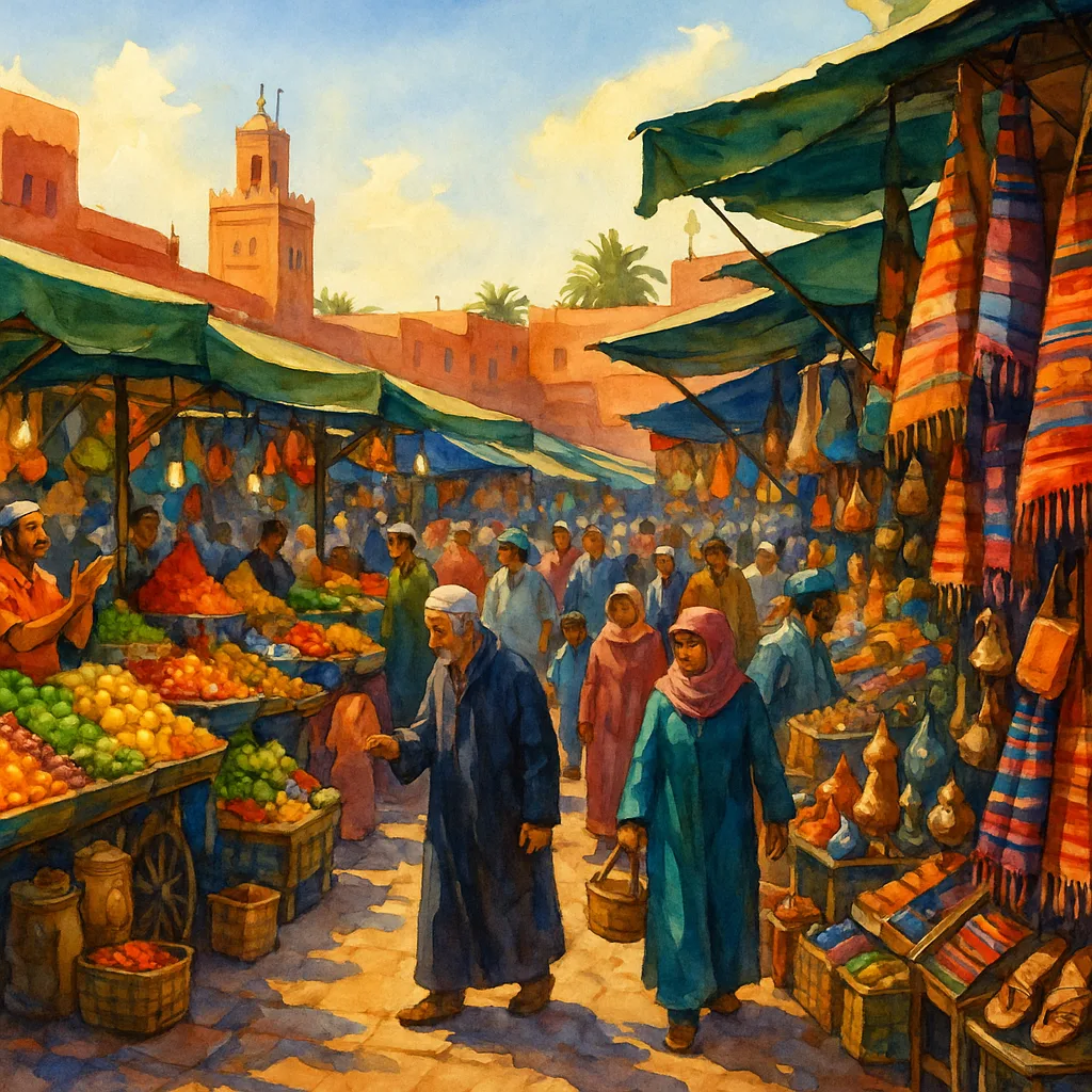 Lively Bazaar in Marrakech Bustling with Activity in the Mid-afternoon