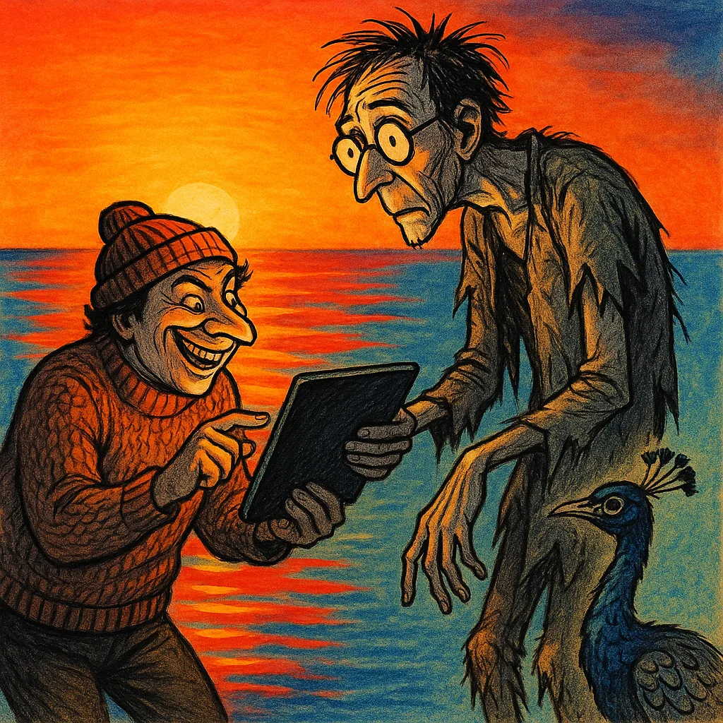 Trickster in a Knit Sweater and Cap Shares a Tablet