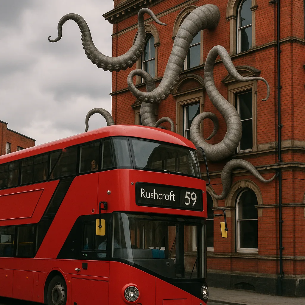 Double-decker Bus Labeled "Rushcroft 59" Passes by a Red Brick