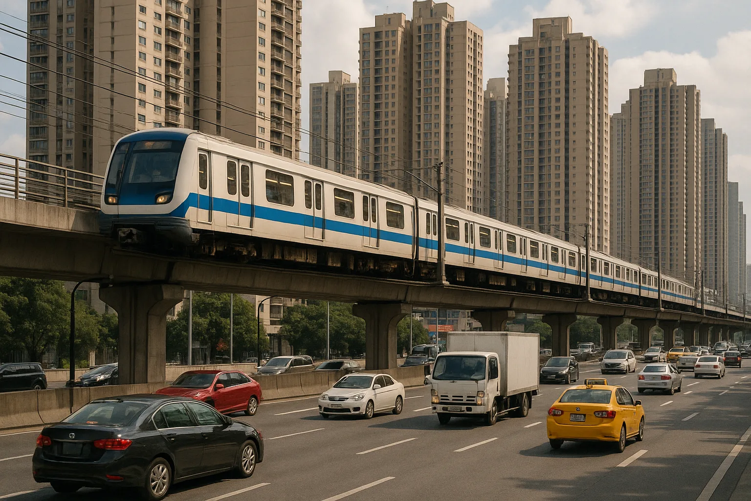 Busy Urban Scene Featuring a Train on an Elevated Track