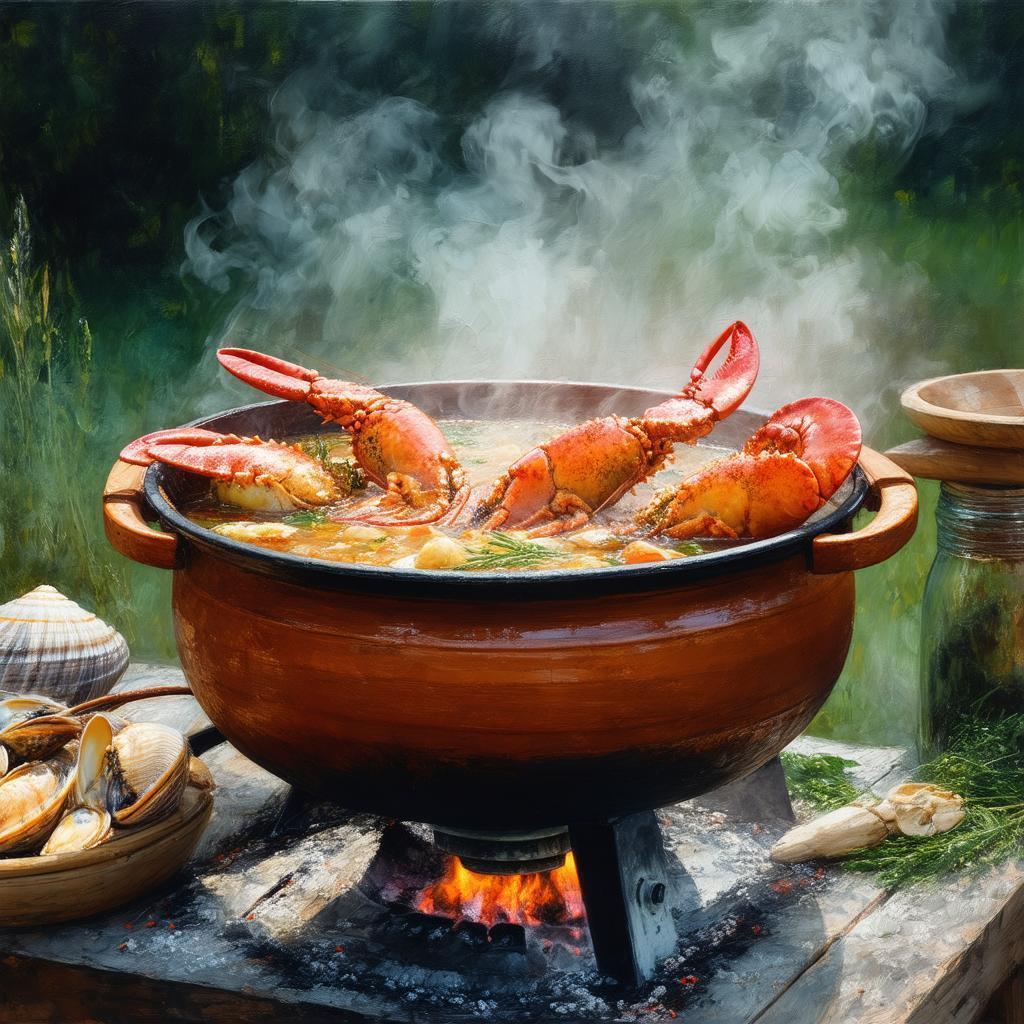 Impressionist Seafood Soup Steaming in a Clay Pot