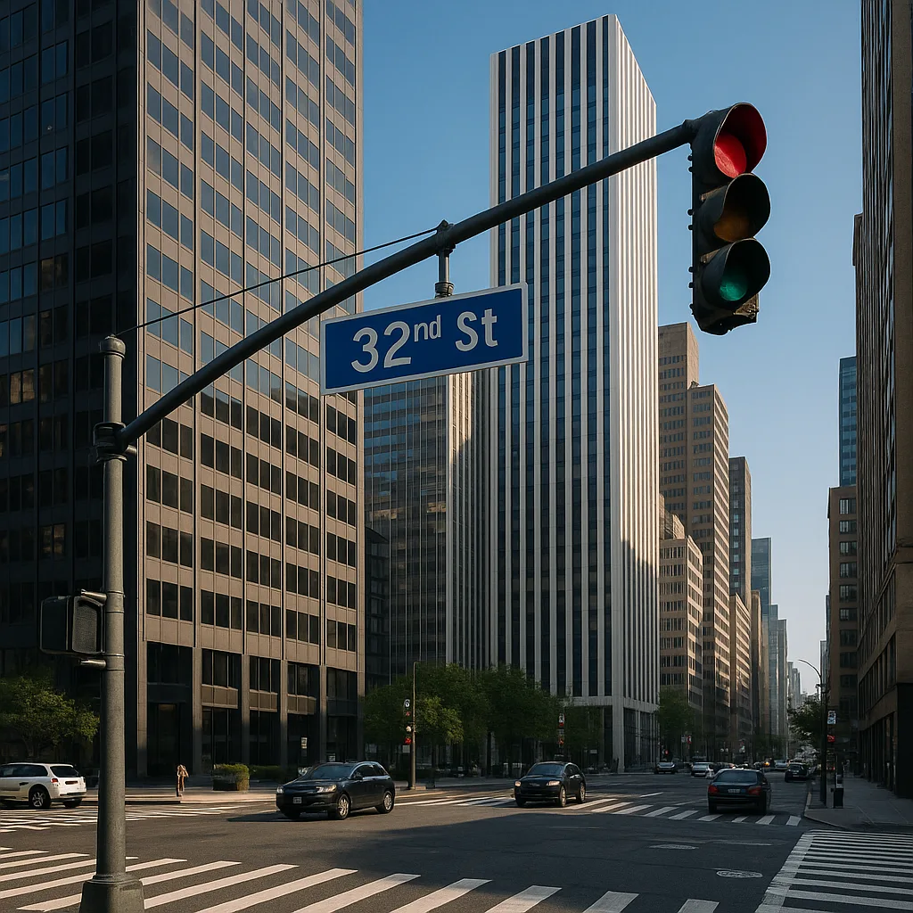 City Intersection with a Blue "32nd St" Street Sign