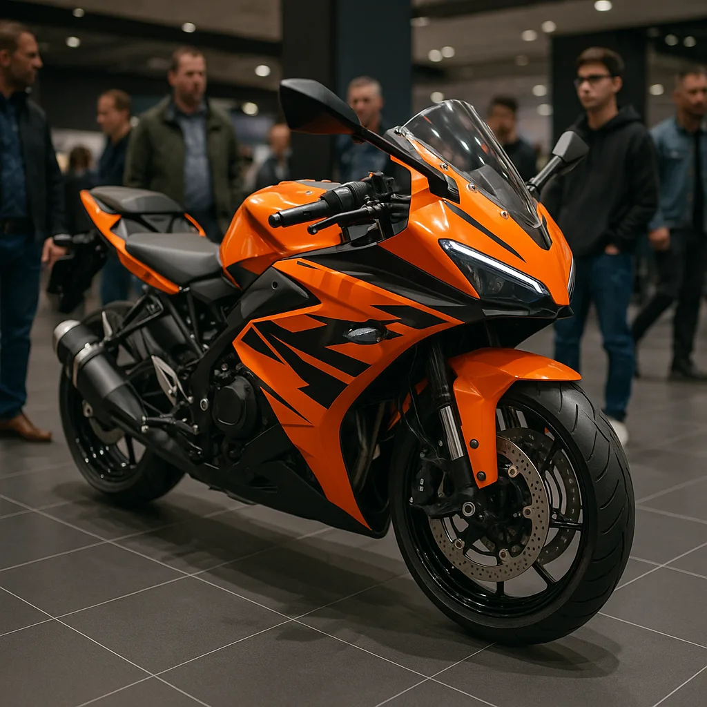 Orange and Black Sports Motorcycle Displayed at an Indoor Showroom