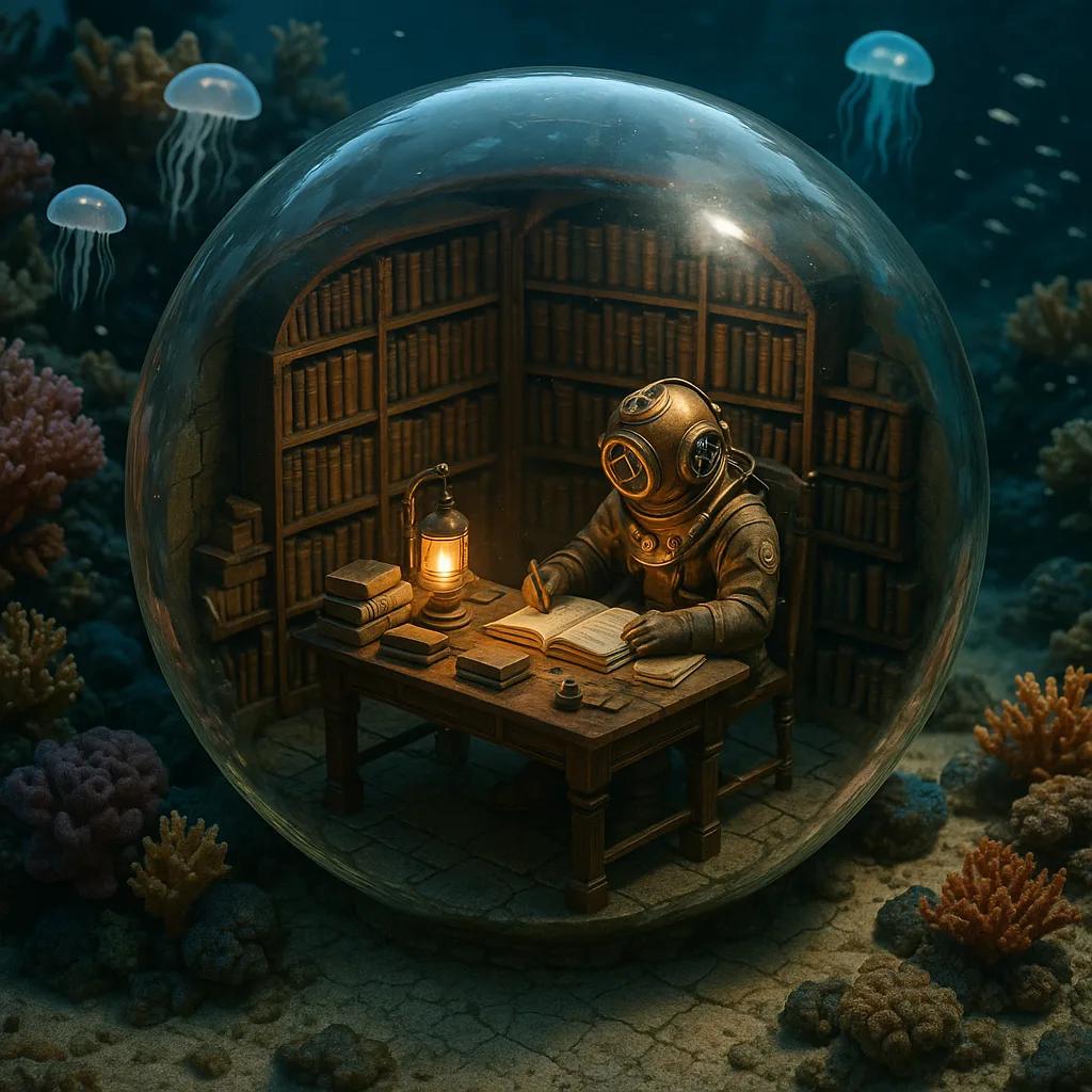 Hyper-realistic 3D Isometric Render Depicting a Miniature Underwater Library
